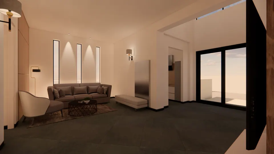 Rendered sitting area with a sofa, an armchair and a round table below lit slit windows, a tall glazed door beyond