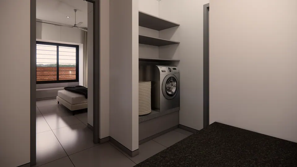 Rendered utility niche with a washing machine and shelves beside a bedroom doorway