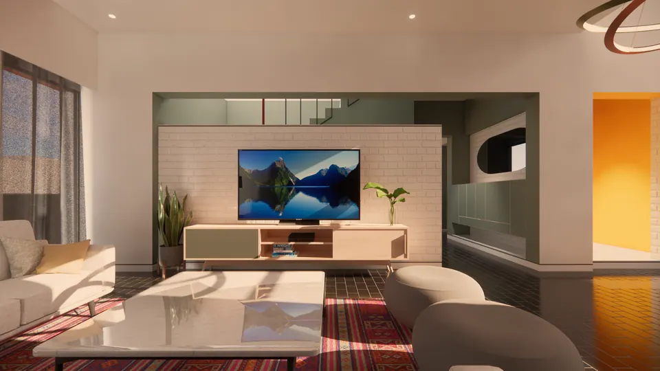Rendered living room with cream sofas around a marble table on a red rug, the brick TV wall and stair behind