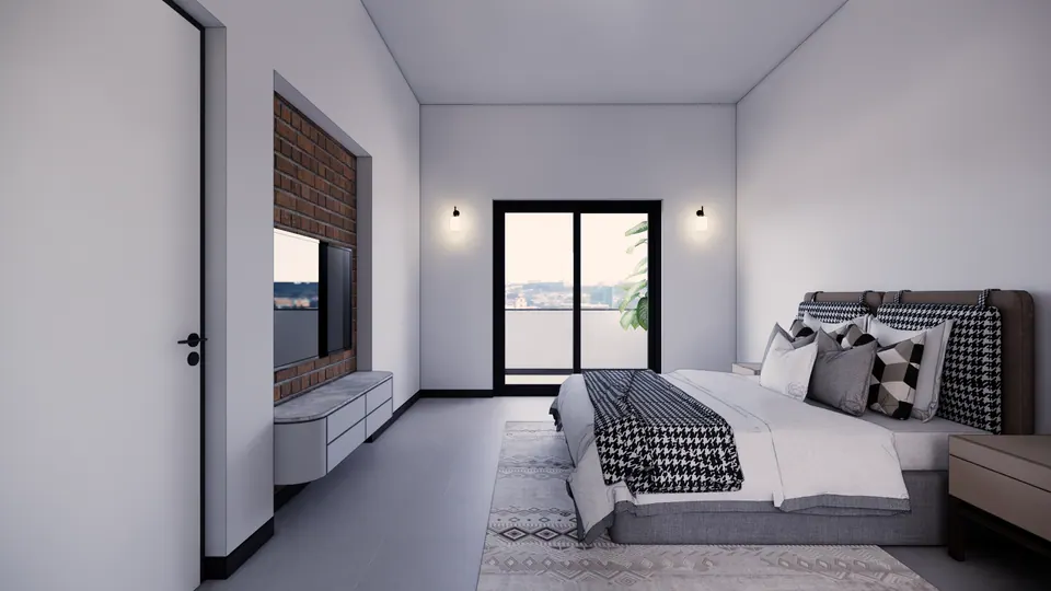 Rendered bedroom: a bed with houndstooth cushions and throw facing a TV on an exposed-brick panel, and a glazed door to a balcony