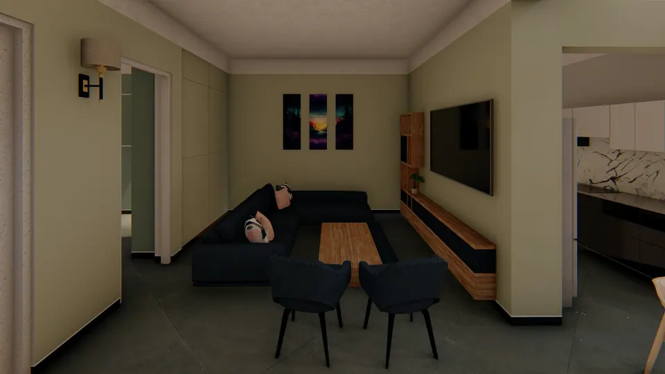Rendered lounge with olive-green walls, a dark sectional sofa, a timber coffee table and a triptych above