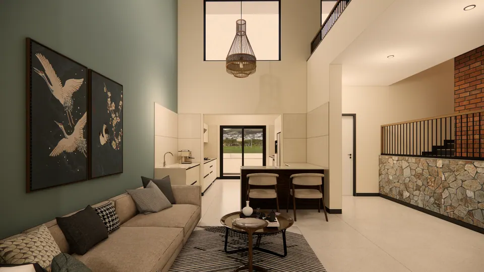 Rendered double-height lounge: a sage-green wall with crane artworks, a woven pendant lamp and the open kitchen beyond