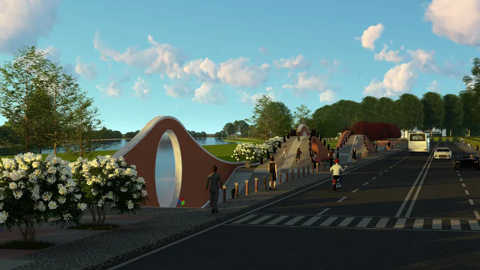 Rendered roadside brick wall with a round opening, flowering shrubs, cyclists and a bus on the road