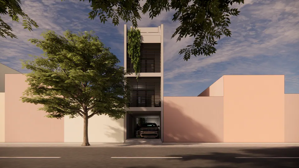 Rendered street front of a slender four-storey house: a car porch below, louvred floors and hanging plants, pink neighbours