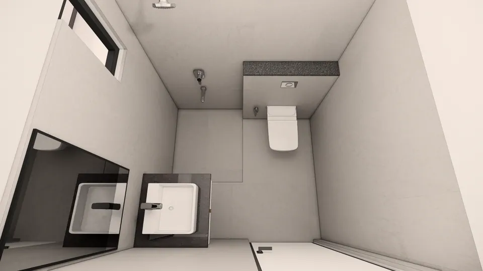 Rendered top-down view of the bathroom: the shower, a wall-hung WC on a half-height wall and the vanity with a vessel basin