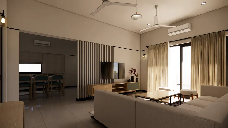 Rendered living room: the sofa, the TV wall with its slatted timber screen, curtained glazed doors at right and the dining area at left