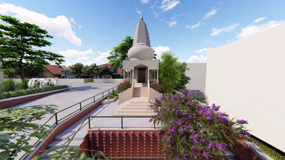 Rendered temple with a white shikhara reached by steps and a ramp with railings, flowering shrubs around