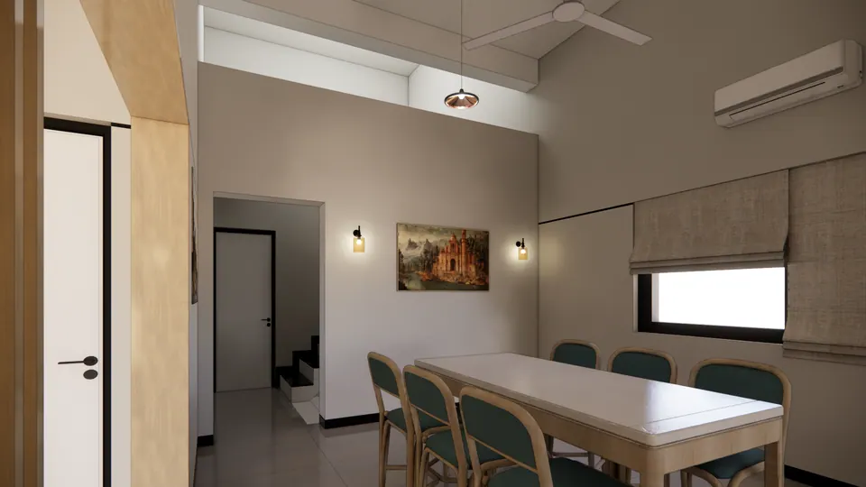 Rendered dining area: a table with rattan chairs beside a window with linen roman blinds, and a passage to the stair