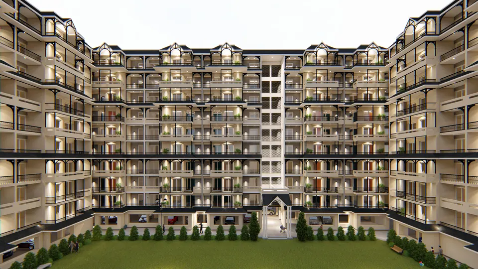 Rendered courtyard elevation of seven-storey blocks with dark-trimmed balconies around a central entrance and a lawn