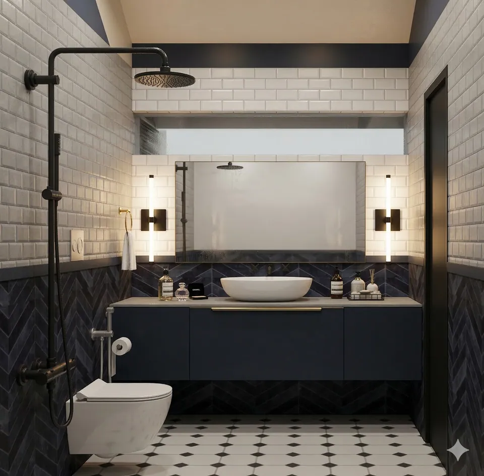Rendered bathroom: white metro tiles over navy herringbone, a black rain shower, a vessel basin and an octagon-pattern floor