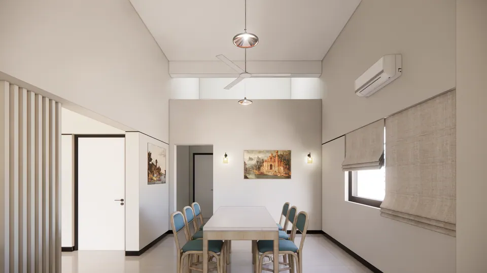 Rendered dining area under a high ceiling with clerestory windows: a table with six rattan chairs, copper pendants and a framed painting
