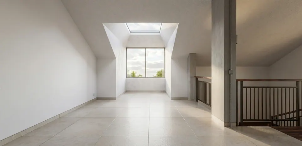 Rendered attic room: a dormer window and skylight in a sloping ceiling, pale floor tiles and a stair with a timber handrail