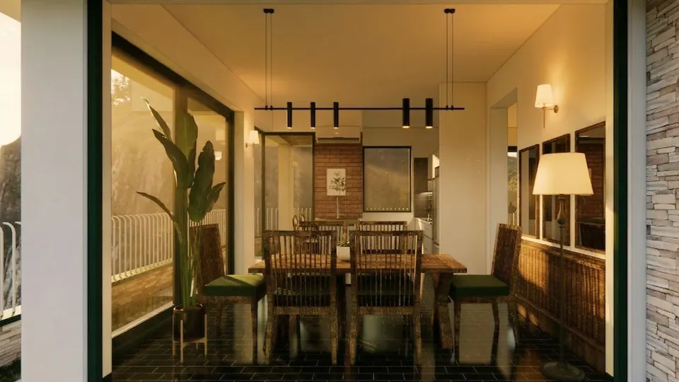Rendered dining room seen from the porch: a timber table with green-cushioned chairs, linear pendants and glass walls