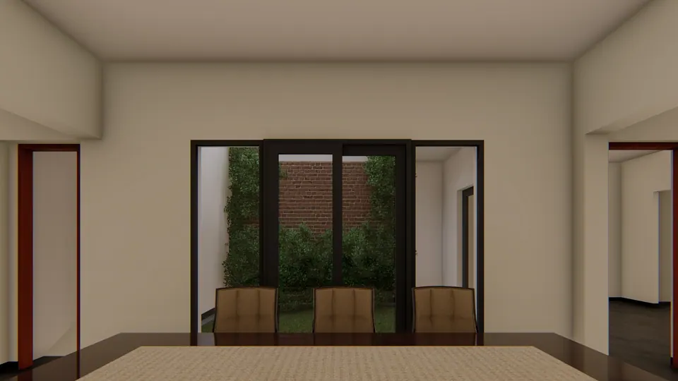 Rendered dining table facing black-framed glass doors that open onto a small planted courtyard