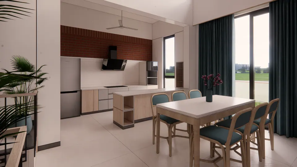 Rendered dining area beside an island kitchen with a brick splashback and full-height teal curtains