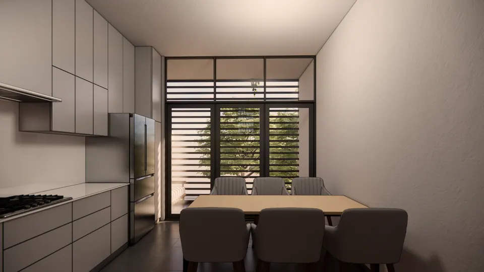 Rendered dining table and kitchen facing a glazed wall with horizontal louvres