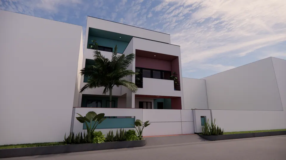 Rendered street view from a low angle: the white house with teal and maroon recesses, a palm tree and a planted bed along the boundary wall