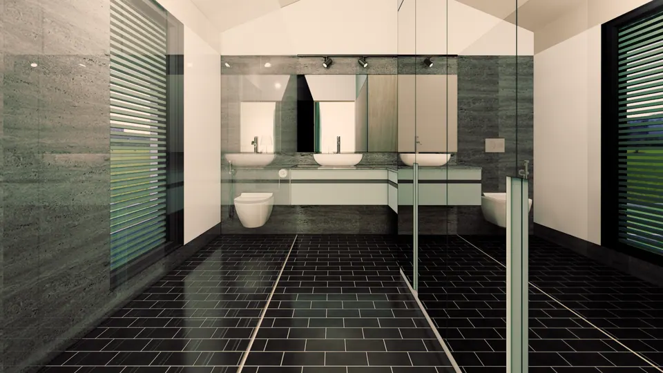 Rendered bathroom: a black tiled floor, three vessel basins on a long vanity, glass partitions and louvred windows