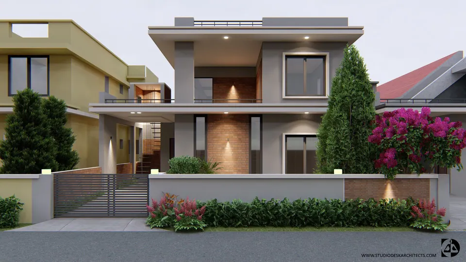 Rendered street front: a two-storey house in white and grey render with an exposed-brick panel, a cypress and pink bougainvillea