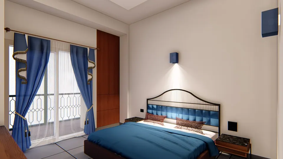 Rendered bedroom with a blue upholstered bed, blue drapes and a glazed balcony door with a patterned railing