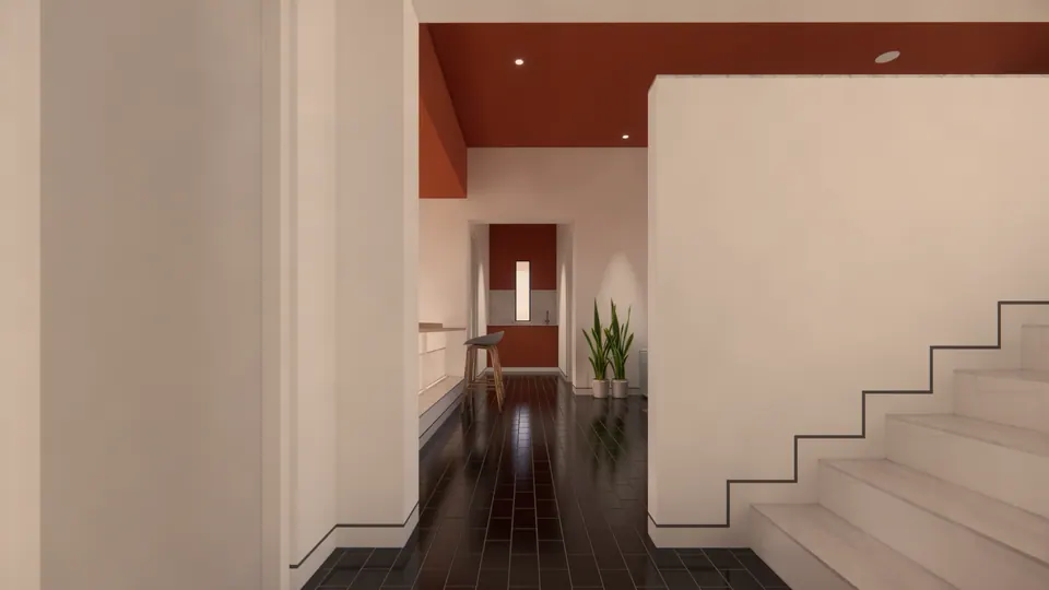 Rendered hall with a white stair, a terracotta ceiling band and a view through to a corridor