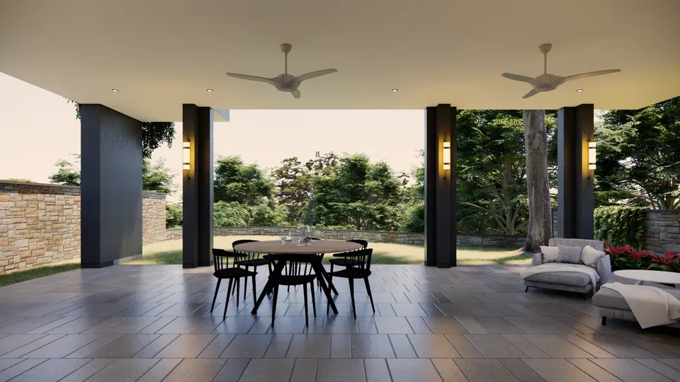 Rendered covered terrace: a round dining table with black chairs between dark columns, a stone wall and a lawn with trees