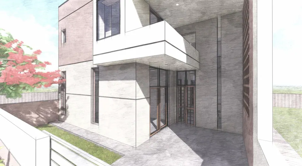 Sketch-style render of the entrance: a cantilevered white balcony over glazed doors, grey and brick-clad walls and a lawn