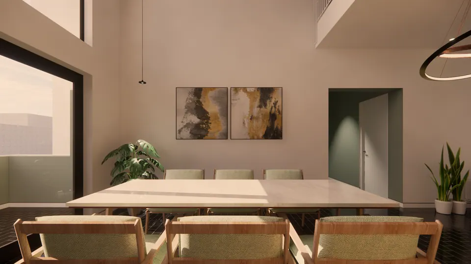 Rendered dining area with a long marble table, sage upholstered chairs, abstract gold prints and potted plants