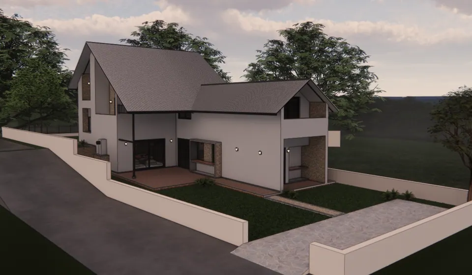 Rendered aerial view of the gabled house on a sloping plot with a drive, lawns and boundary walls at dusk
