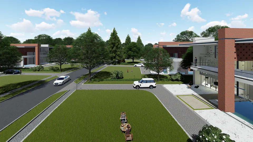 Rendered view between two houses across a lawn to a road, cars and shade trees