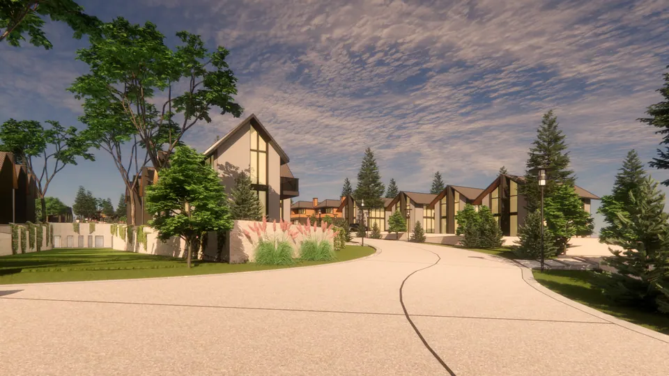 Rendered road bend with ornamental grasses and gabled houses stepping along the street