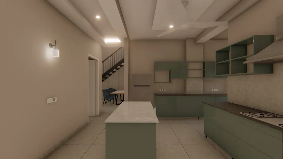 Rendered open kitchen with sage cabinets and a stone-topped island, a stair and dining table beyond