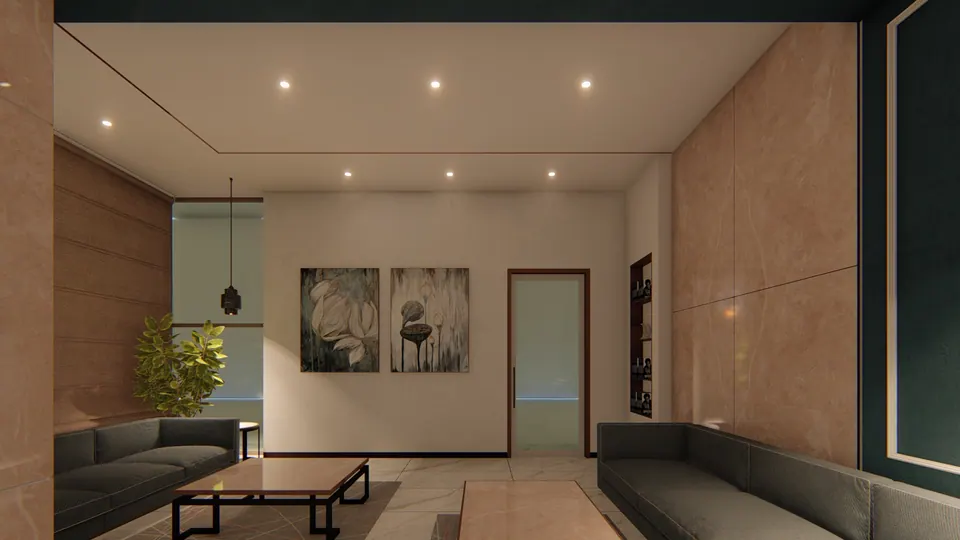 Rendered lounge with dark sofas, a low timber table, two botanical paintings and a glazed door