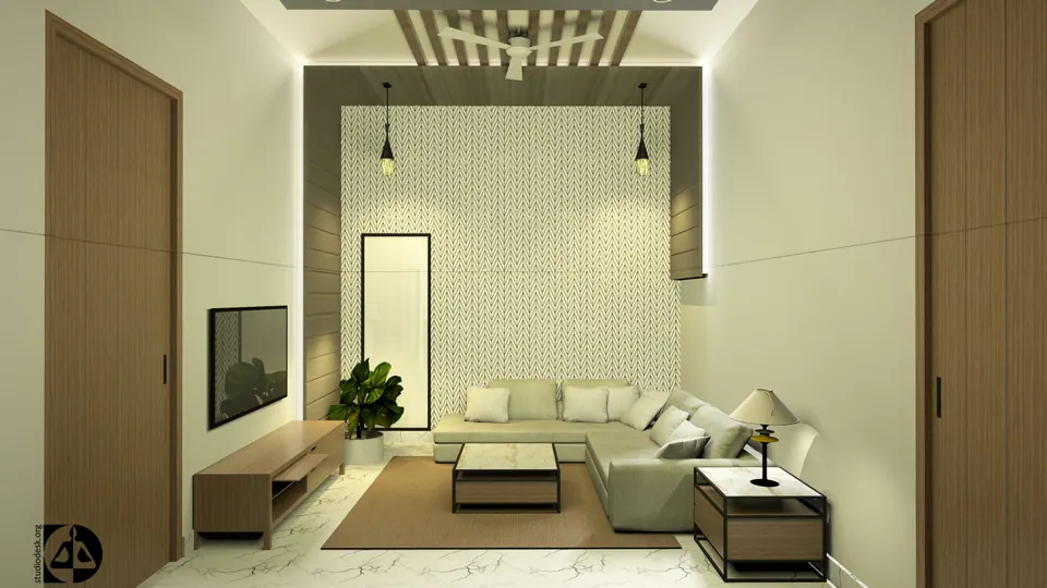 Rendered living room with a pale L-shaped sofa, a TV console, a patterned feature wall and tall timber doors