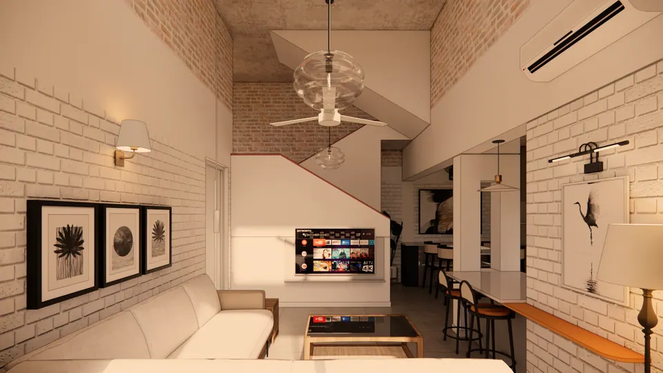 Rendered living room: framed leaf prints on white brick, a sofa, a glass coffee table and the stair overhead