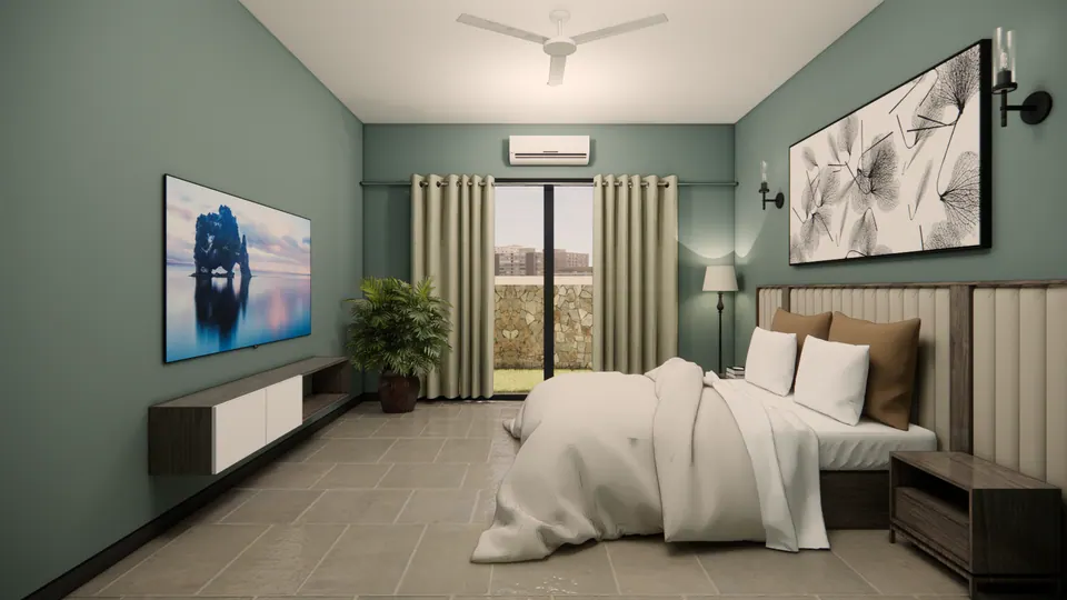 Rendered bedroom with teal walls, a white bed against a padded headboard, a wall-mounted TV and curtained glass doors