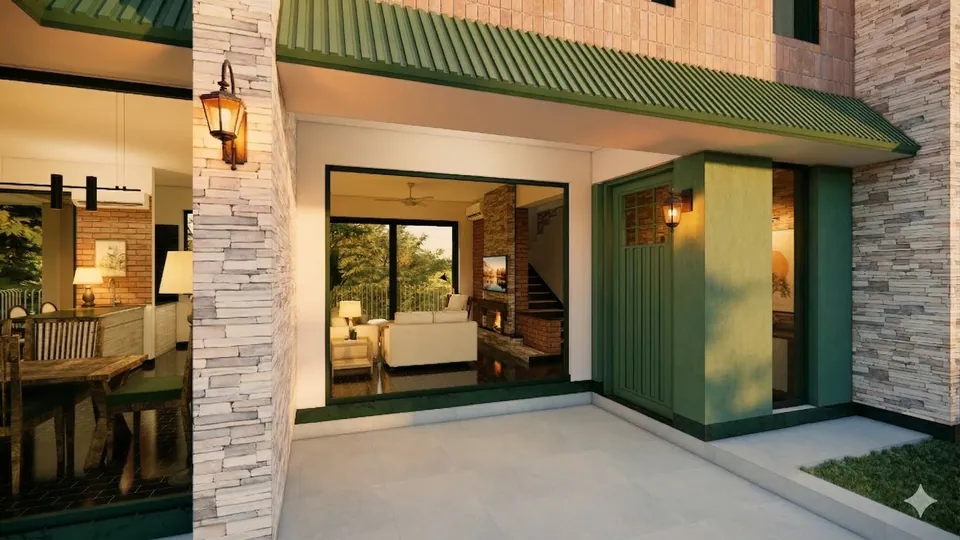 Rendered entrance porch: a green door and canopy, stacked-stone cladding, a wall lantern and a view into the living room
