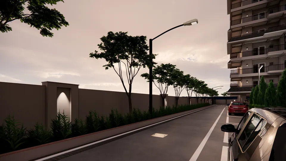 Rendered boundary road at dusk along a high wall with street lamps, a lit niche and parked cars