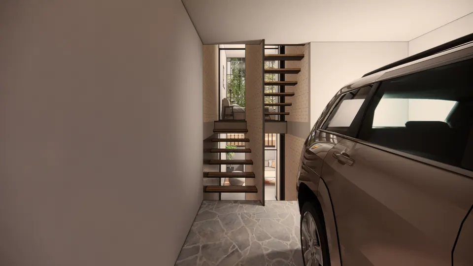 Rendered car porch with a parked SUV beside a floating timber stair and a hexagon-patterned wall
