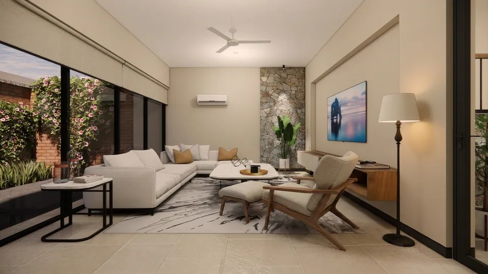 Rendered living room: a white L-shaped sofa and lounge chair, a stone-clad wall with a plant, and glass doors to a planted court