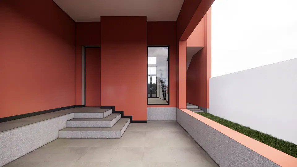 Rendered covered entrance in coral with steps up to the door, a lawn strip alongside and a white boundary wall