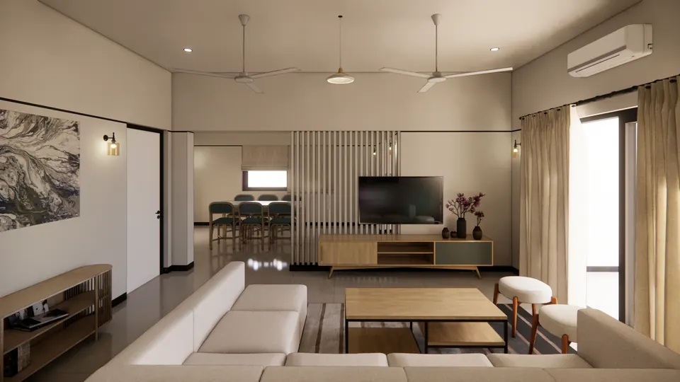 Rendered living room: a cream sectional sofa, a timber coffee table and a TV console against a slatted timber screen, with the dining area beyond