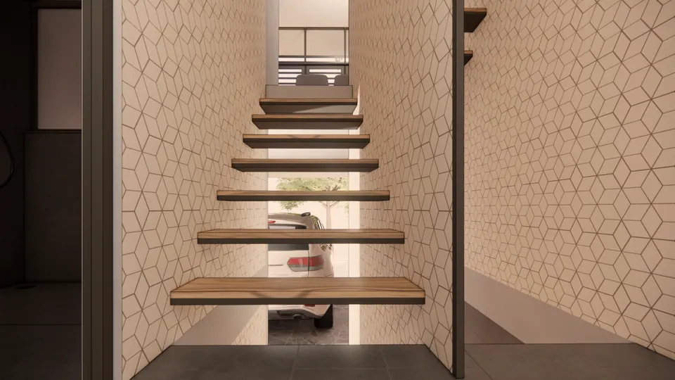 Rendered floating timber stair between hexagon-patterned walls, the parked car visible below