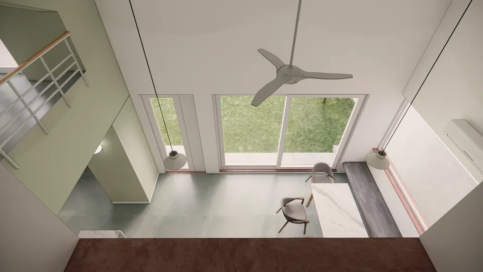 Rendered view down from the gallery into the double-height dining room and the glazed garden doors