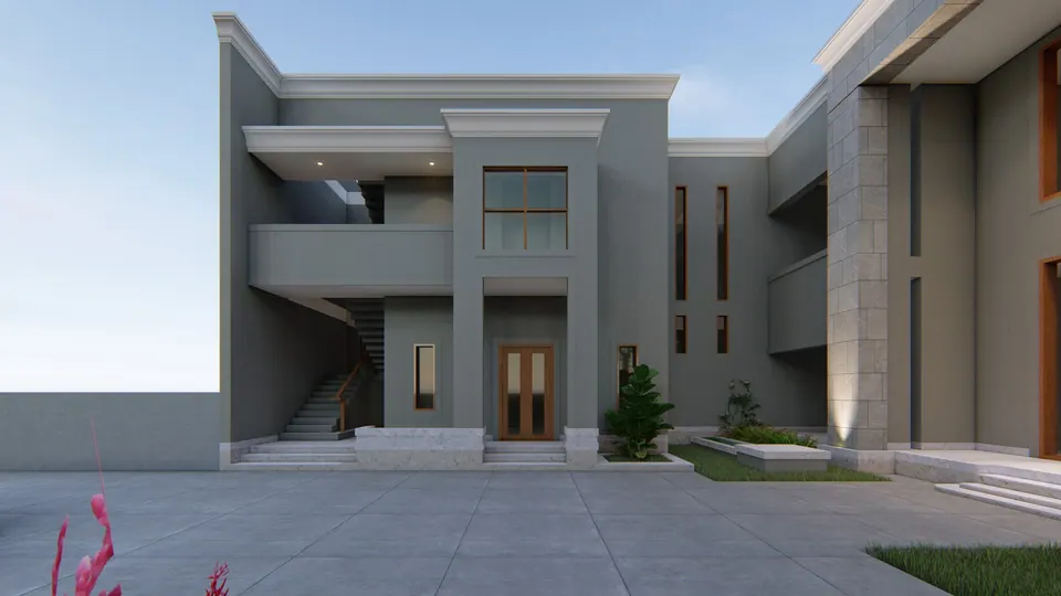 Rendered grey two-storey wing with an open stair behind a framed bay, timber doors and a stone-clad pier