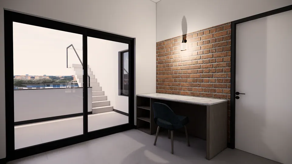 Rendered room with a desk against an exposed-brick panel and a sliding glass door to a terrace with an external stair