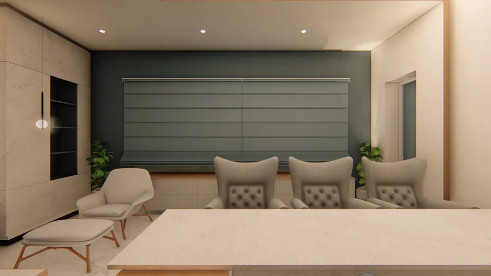 Rendered wall with a slate-blue Roman blind and a lit display niche, behind lounge chairs and the desk top