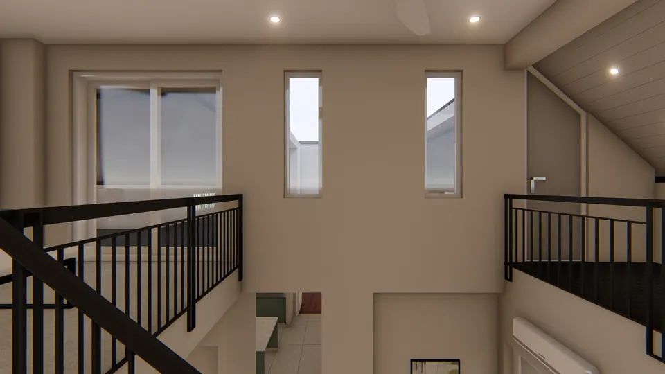 Rendered upper landing with black railings around the stair void and tall narrow windows