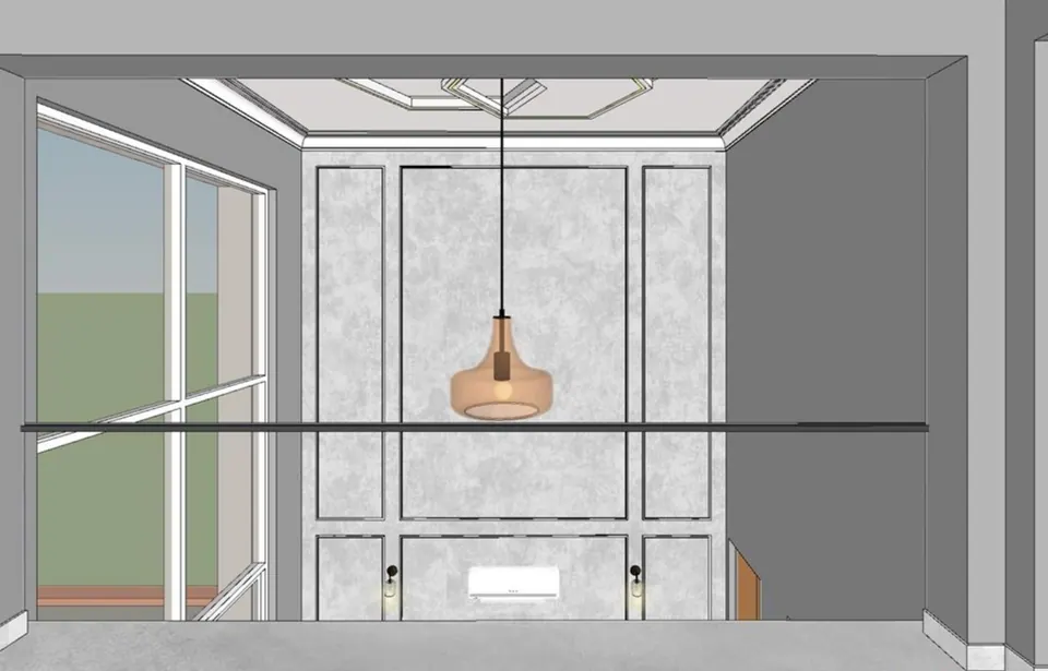 Untextured model view across a double-height space to a panelled wall with a copper pendant light