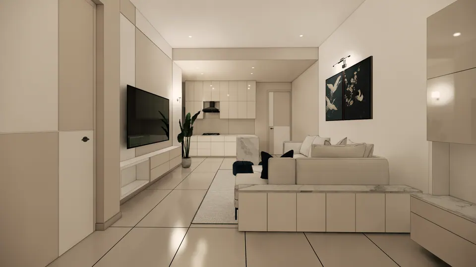Rendered open living area: a cream sofa, a wall-mounted TV and the white kitchen at the far end of a long room